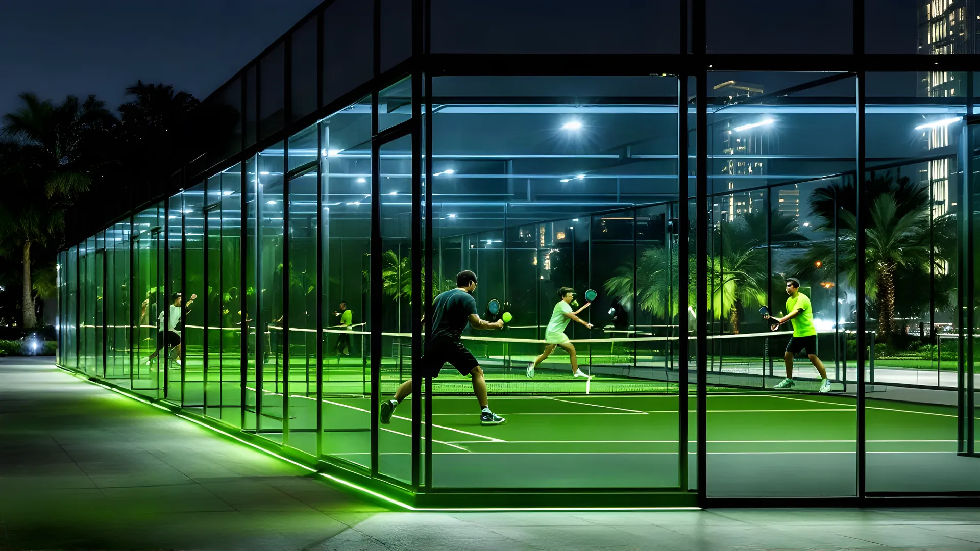 Glass padel courts lit up at night in Ho Chi Minh City