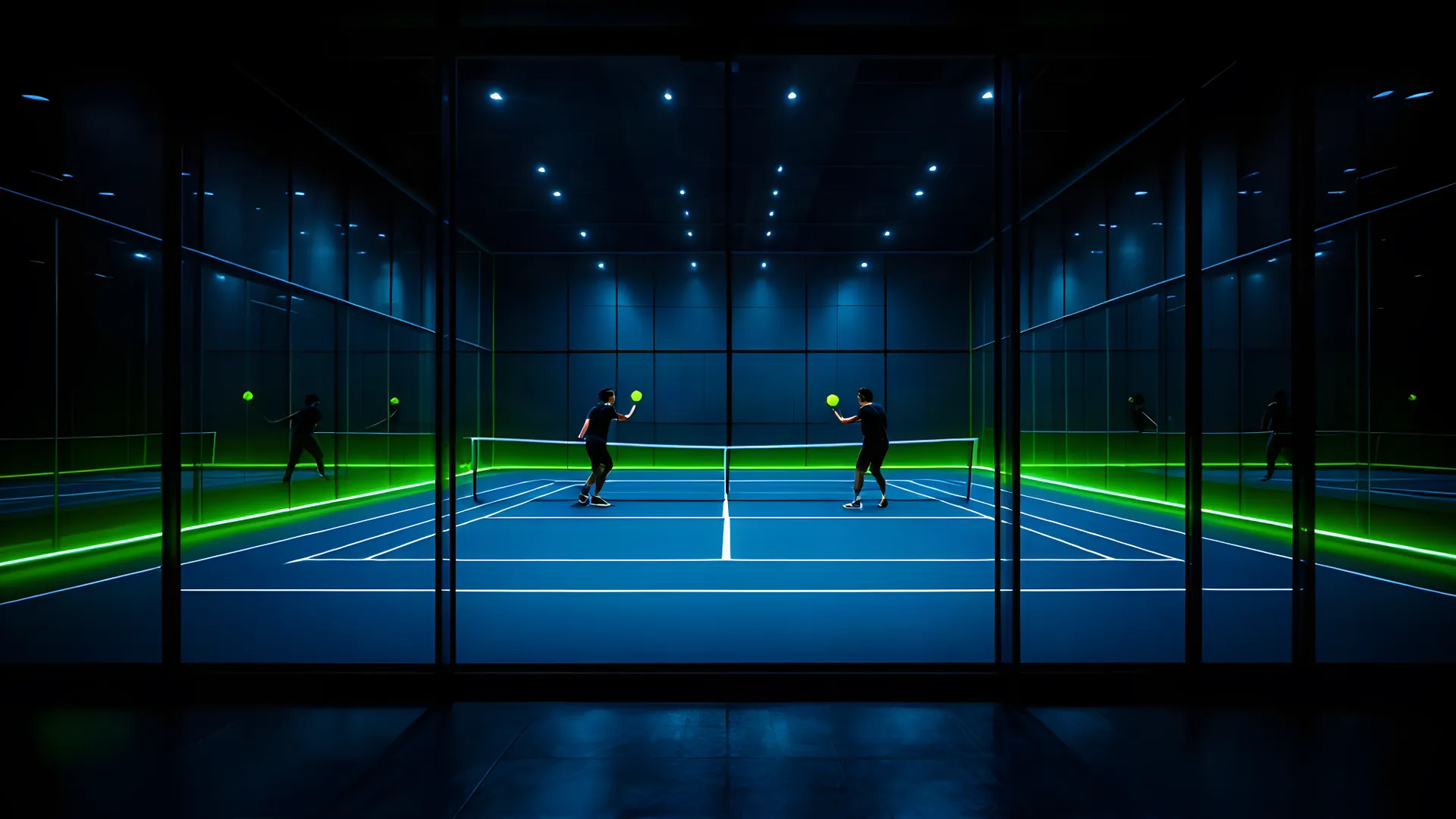 Night padel rally inside a glass-walled court